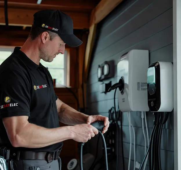 Électricien installant une borne de recharge pour véhicule électrique dans un garage.