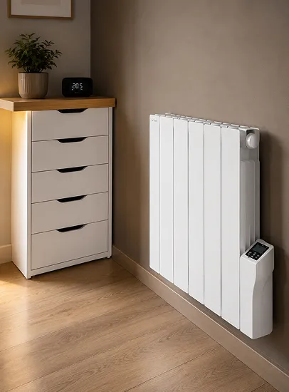 Radiateur électrique mural blanc près d’un meuble avec un réveil digital.