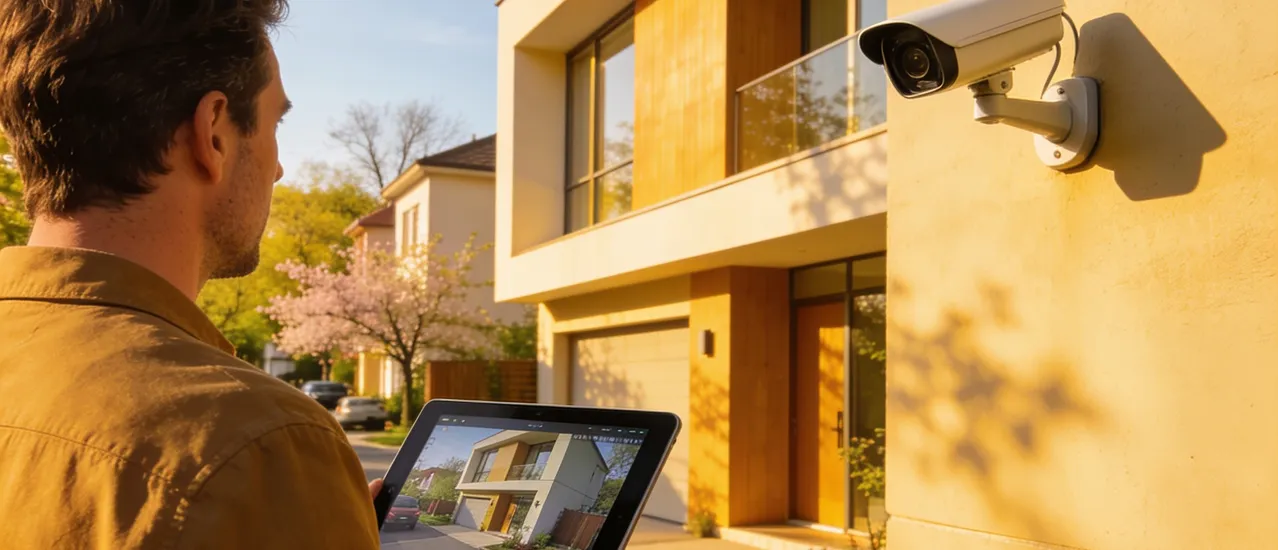 Électricien vérifiant installation domotique et caméra de surveillance sur tablette.