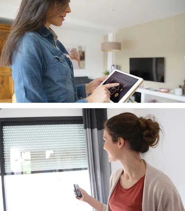 Femme utilisant une tablette et un smartphone pour contrôler des appareils connectés.