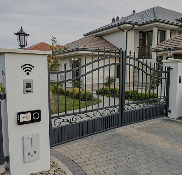 Porte d'entrée automatisée avec système Wi-Fi et contrôle d'accès électrique.