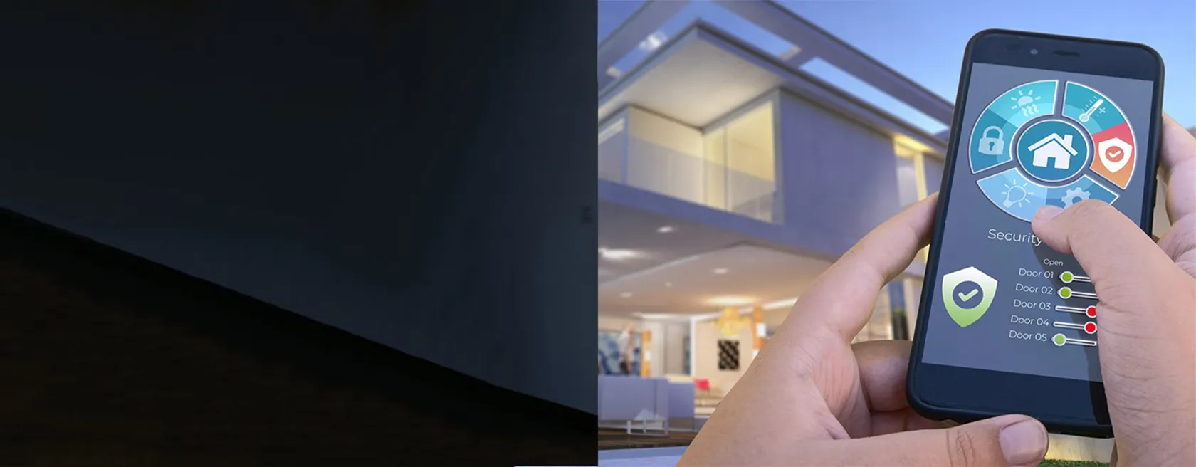 Smartphone contrôlant système domotique de sécurité pour maison avec statut des portes.