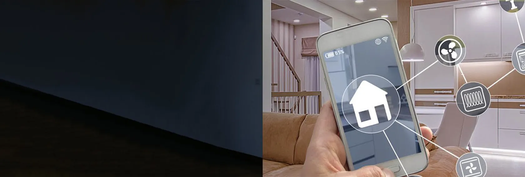 Smartphone contrôlant un système domotique pour maison connectée.