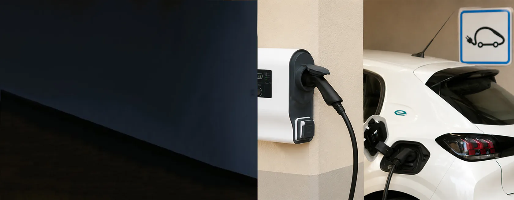Borne de recharge murale raccordée à un véhicule électrique.